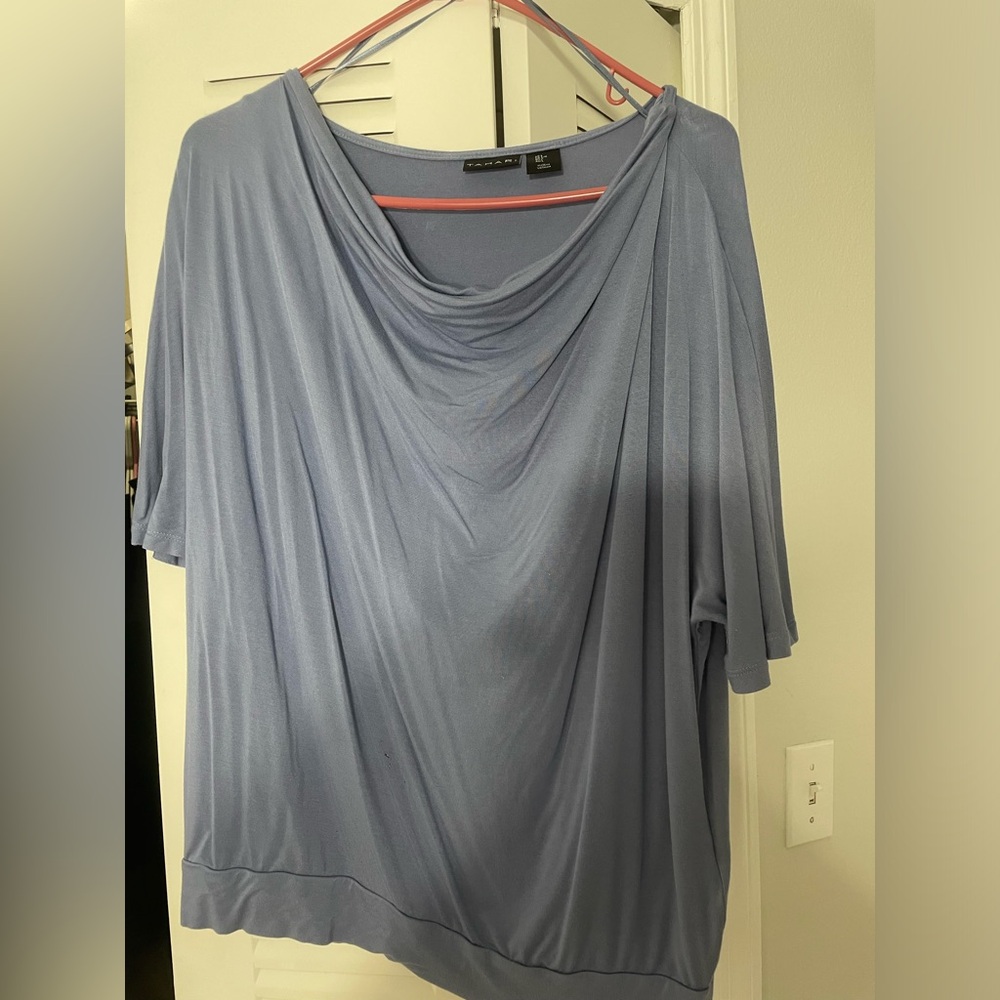 Blue/grey draped neck, short sleeve top